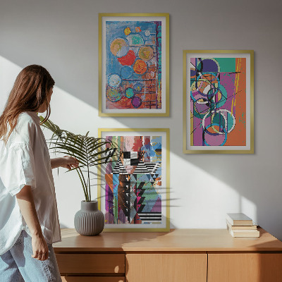 Conjunto de 3 quadros com moldura Geometria de círculos abstratos coloridos