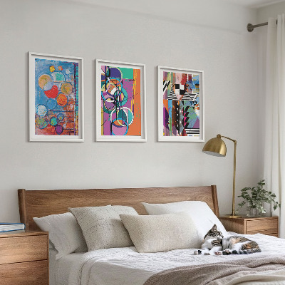 Conjunto de 3 quadros com moldura Geometria de círculos abstratos coloridos