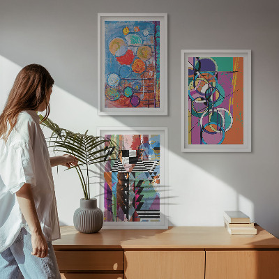Conjunto de 3 quadros com moldura Geometria de círculos abstratos coloridos
