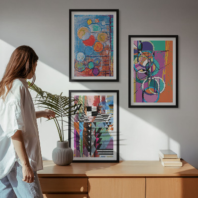 Conjunto de 3 quadros com moldura Geometria de círculos abstratos coloridos