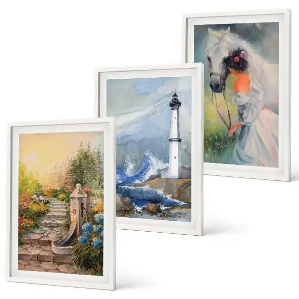Conjunto de quadros decorativos modernos com estampa de farol, paisagem e cavalo