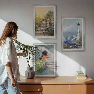 Conjunto de quadros decorativos modernos com estampa de farol, paisagem e cavalo