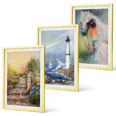 Conjunto de quadros decorativos modernos com estampa de farol, paisagem e cavalo