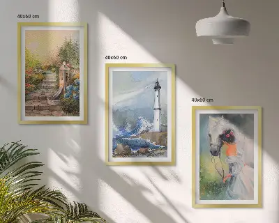 Conjunto de quadros decorativos modernos com estampa de farol, paisagem e cavalo