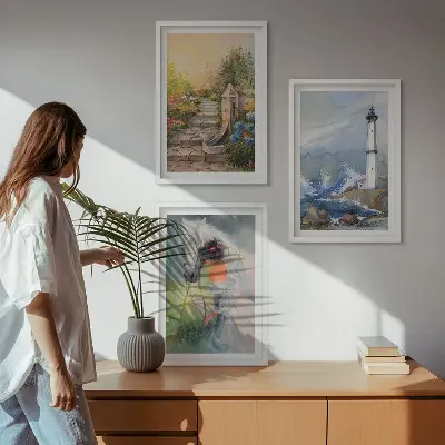 Conjunto de quadros decorativos modernos com estampa de farol, paisagem e cavalo