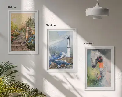 Conjunto de quadros decorativos modernos com estampa de farol, paisagem e cavalo