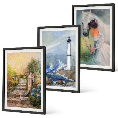 Conjunto de quadros decorativos modernos com estampa de farol, paisagem e cavalo