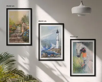 Conjunto de quadros decorativos modernos com estampa de farol, paisagem e cavalo