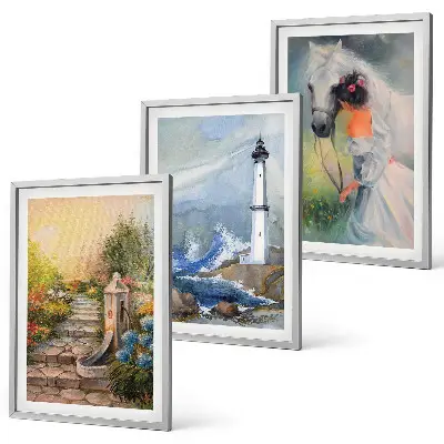 Conjunto de quadros decorativos modernos com estampa de farol, paisagem e cavalo
