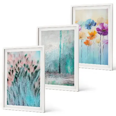 Conjunto de 3 quadros com moldura com padrões de fundo e flores em tons pastel
