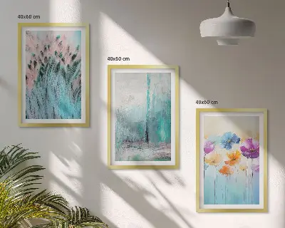 Conjunto de 3 quadros com moldura com padrões de fundo e flores em tons pastel