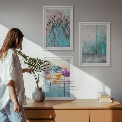 Conjunto de 3 quadros com moldura Padrões de fundo com flores em tons pastel