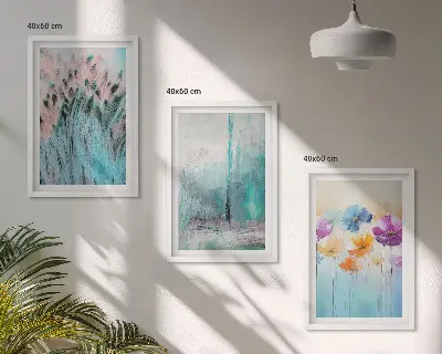 Conjunto de 3 quadros com moldura com padrões de fundo e flores em tons pastel