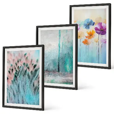 Conjunto de 3 quadros com moldura com padrões de fundo e flores em tons pastel