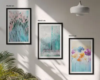 Conjunto de 3 quadros com moldura com padrões de fundo e flores em tons pastel