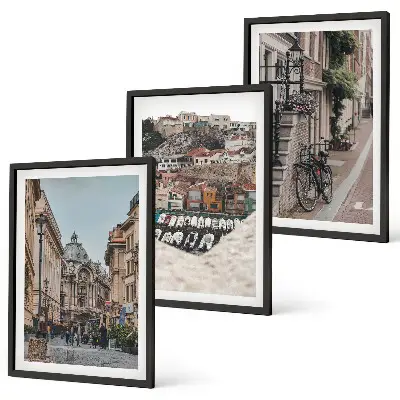 Conjunto de 3 quadros com moldura com a arte das charmosas ruas do porto da cidade