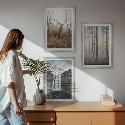 Conjunto de quadros para sala de estar com paisagens florestais e natureza selvagem