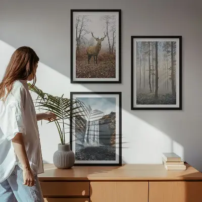 Conjunto de quadros para sala de estar com paisagens florestais e natureza selvagem
