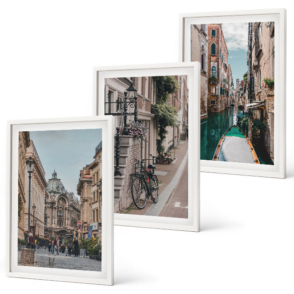Conjunto de 3 quadros com moldura Ruas de água de Veneza