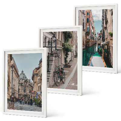 Conjunto de 3 quadros com moldura Ruas de água de Veneza