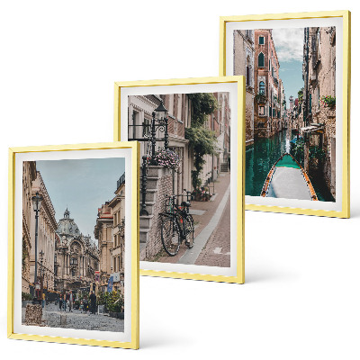 Conjunto de 3 quadros com moldura Ruas de água de Veneza