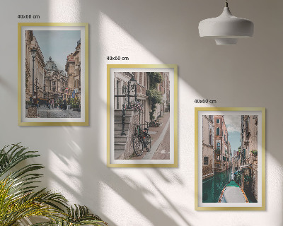 Conjunto de 3 quadros com moldura Ruas de água de Veneza