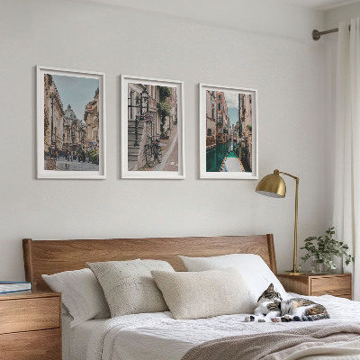Conjunto de 3 quadros com moldura Ruas de água de Veneza
