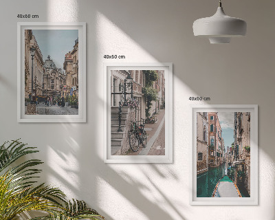 Conjunto de 3 quadros com moldura Ruas de água de Veneza