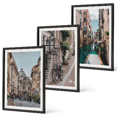 Conjunto de 3 quadros com moldura Ruas de água de Veneza