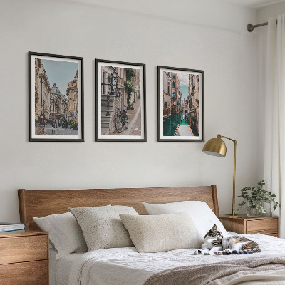 Conjunto de 3 quadros com moldura Ruas de água de Veneza