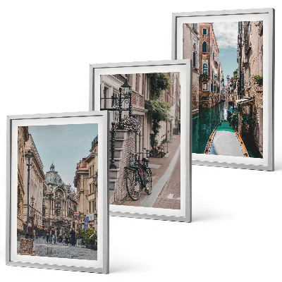 Conjunto de 3 quadros com moldura Ruas de água de Veneza