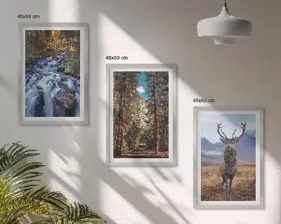 Conjunto de quadros decorativos modernos com paisagem de cachoeira, floresta, montanhas e veado