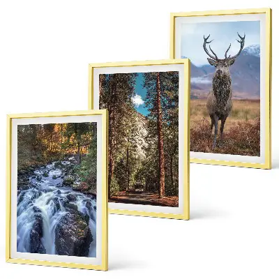 Conjunto de quadros decorativos modernos com paisagem de cachoeira, floresta, montanhas e veado
