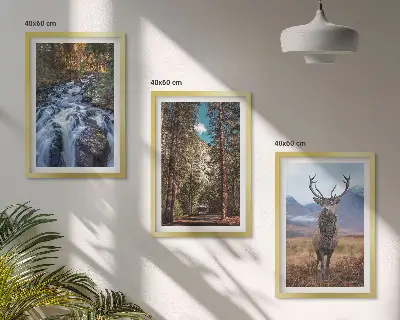 Conjunto de quadros decorativos modernos com paisagem de cachoeira, floresta, montanhas e veado