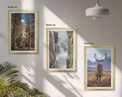 Conjunto de 3 quadros com moldura paisagem de estrada em floresta com montanhas e veado