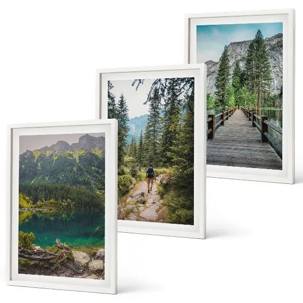 Conjunto de quadros para sala de estar com temática de montanhas, lagos, florestas e trilhas