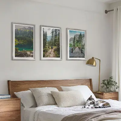Conjunto de quadros para sala de estar com temática de montanhas, lagos, florestas e trilhas
