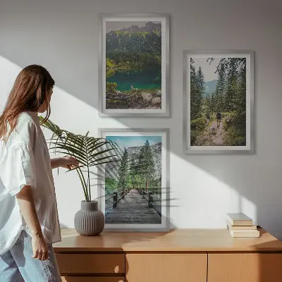 Conjunto de quadros para sala de estar com temática de montanhas, lagos, florestas e trilhas