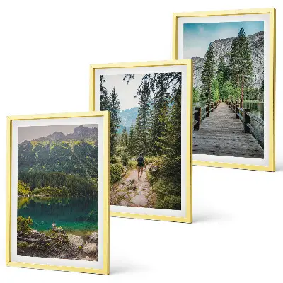 Conjunto de quadros para sala de estar com temática de montanhas, lagos, florestas e trilhas