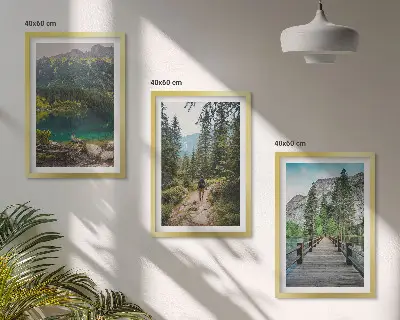 Conjunto de quadros para sala de estar com temática de montanhas, lagos, florestas e trilhas