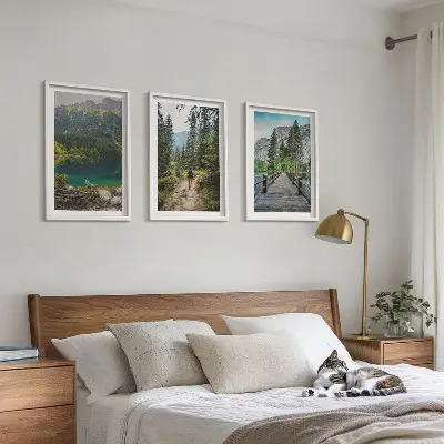 Conjunto de quadros para sala de estar com temática de montanhas, lagos, florestas e trilhas