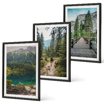 Conjunto de quadros para sala de estar com temática de montanhas, lagos, florestas e trilhas