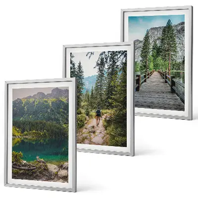 Conjunto de quadros para sala de estar com temática de montanhas, lagos, florestas e trilhas