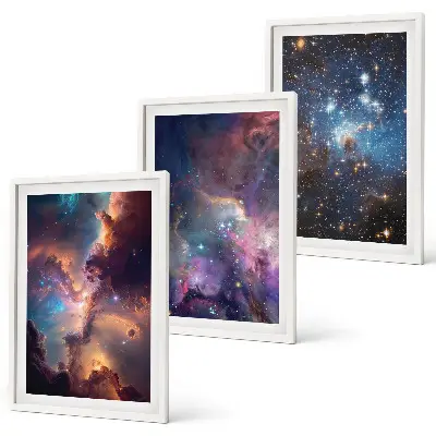 Conjunto de 3 quadros com moldura estampa de paisagens estelares cósmicas