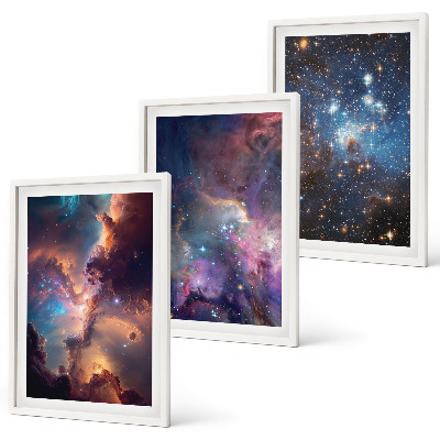 Conjunto de 3 quadros com moldura Paisagens estelares cósmicas