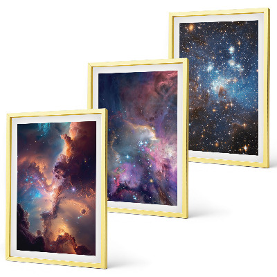 Conjunto de 3 quadros com moldura Paisagens estelares cósmicas
