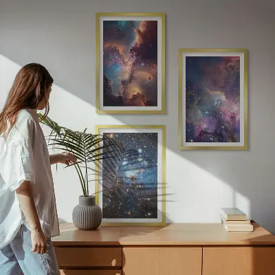 Conjunto de 3 quadros com moldura estampa de paisagens estelares cósmicas