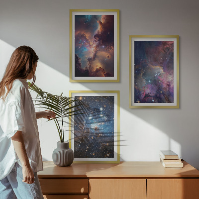 Conjunto de 3 quadros com moldura Paisagens estelares cósmicas