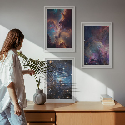 Conjunto de 3 quadros com moldura Paisagens estelares cósmicas