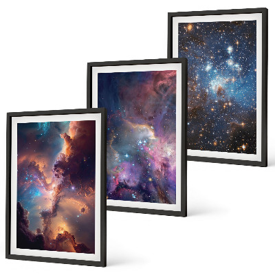 Conjunto de 3 quadros com moldura Paisagens estelares cósmicas